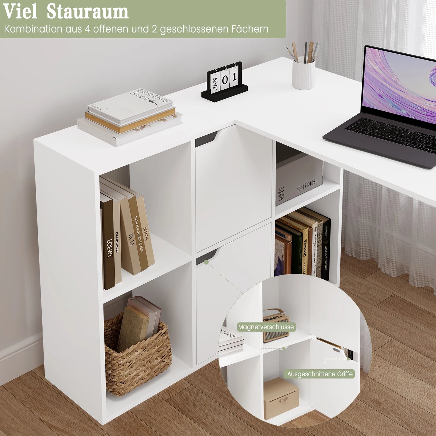 Weißer L-förmiger Computertisch mit Regalen 118 x 100 x 75 cm Eckschreibtisch mit Bücherregal für Büro und Home Office