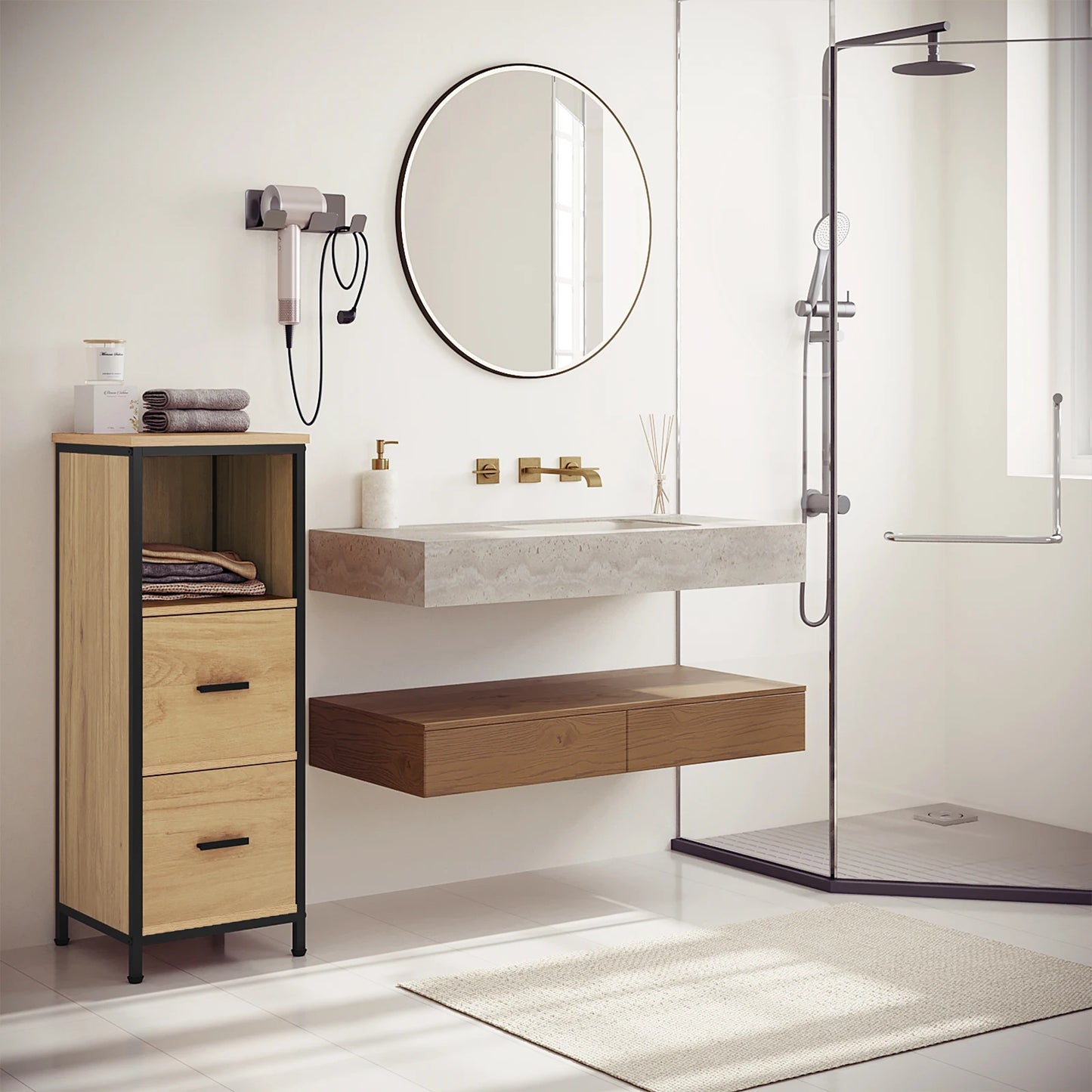 Meuble de salle de bain étroit avec tiroirs, chêne/noir 80 cm