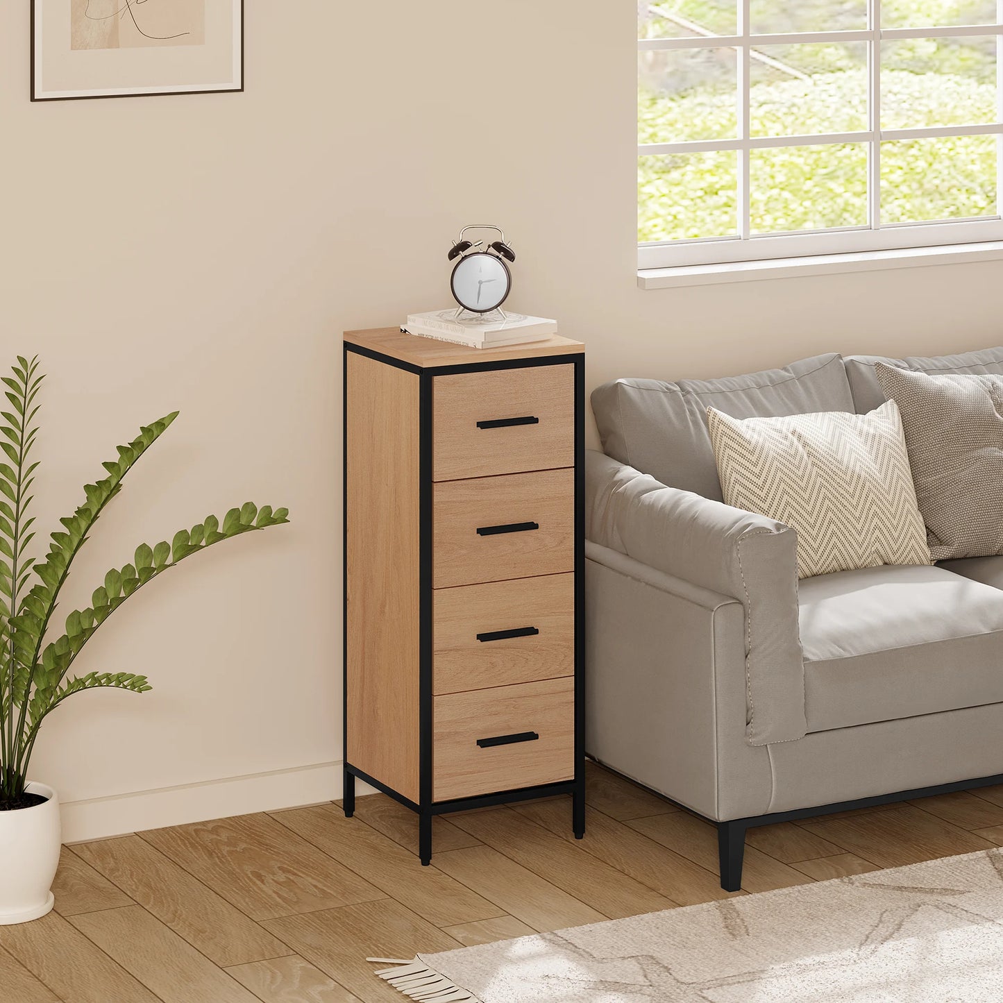Bathroom cabinet chest of drawers 30×82 cm with 4 drawers – Black/Oak