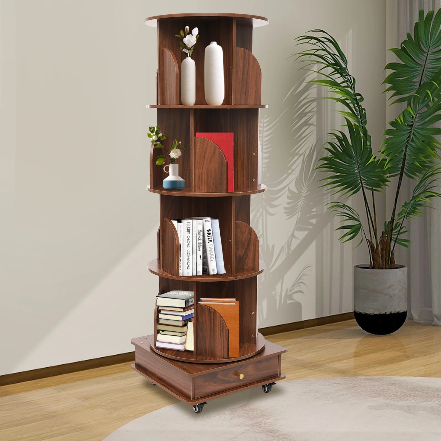 Rotating solid wood bookcase with drawer – 4 levels, 360° rotatable, on castors