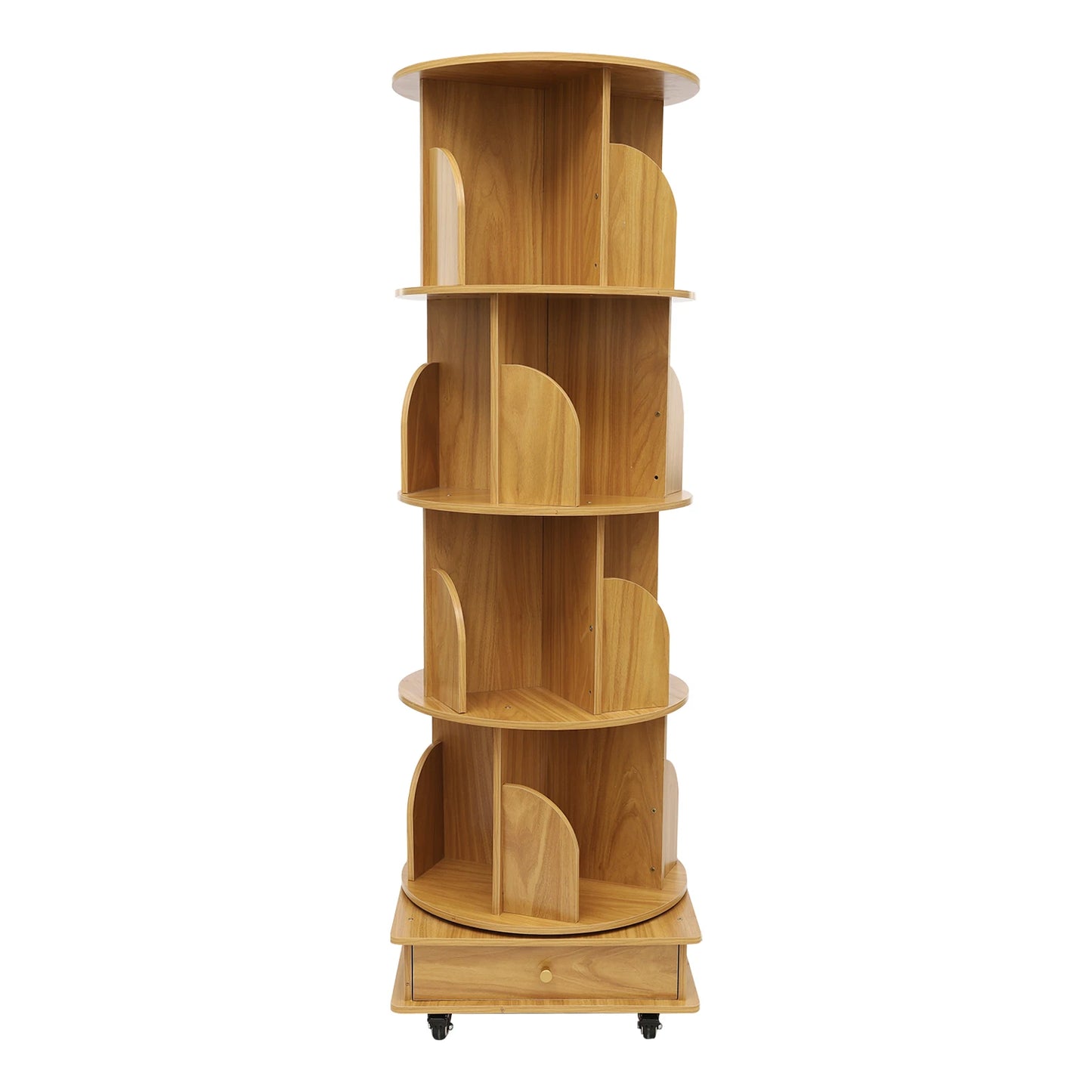 Rotating solid wood bookcase with drawer – 4 levels, 360° rotatable, on castors