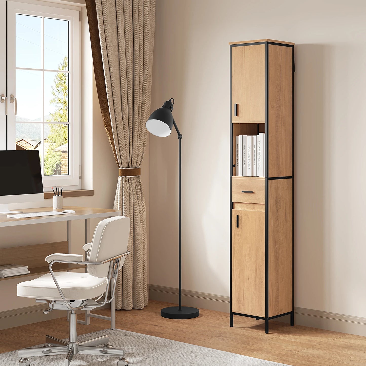 Tall bathroom cabinet 30×180 cm with drawer & shelves – Black/Oak