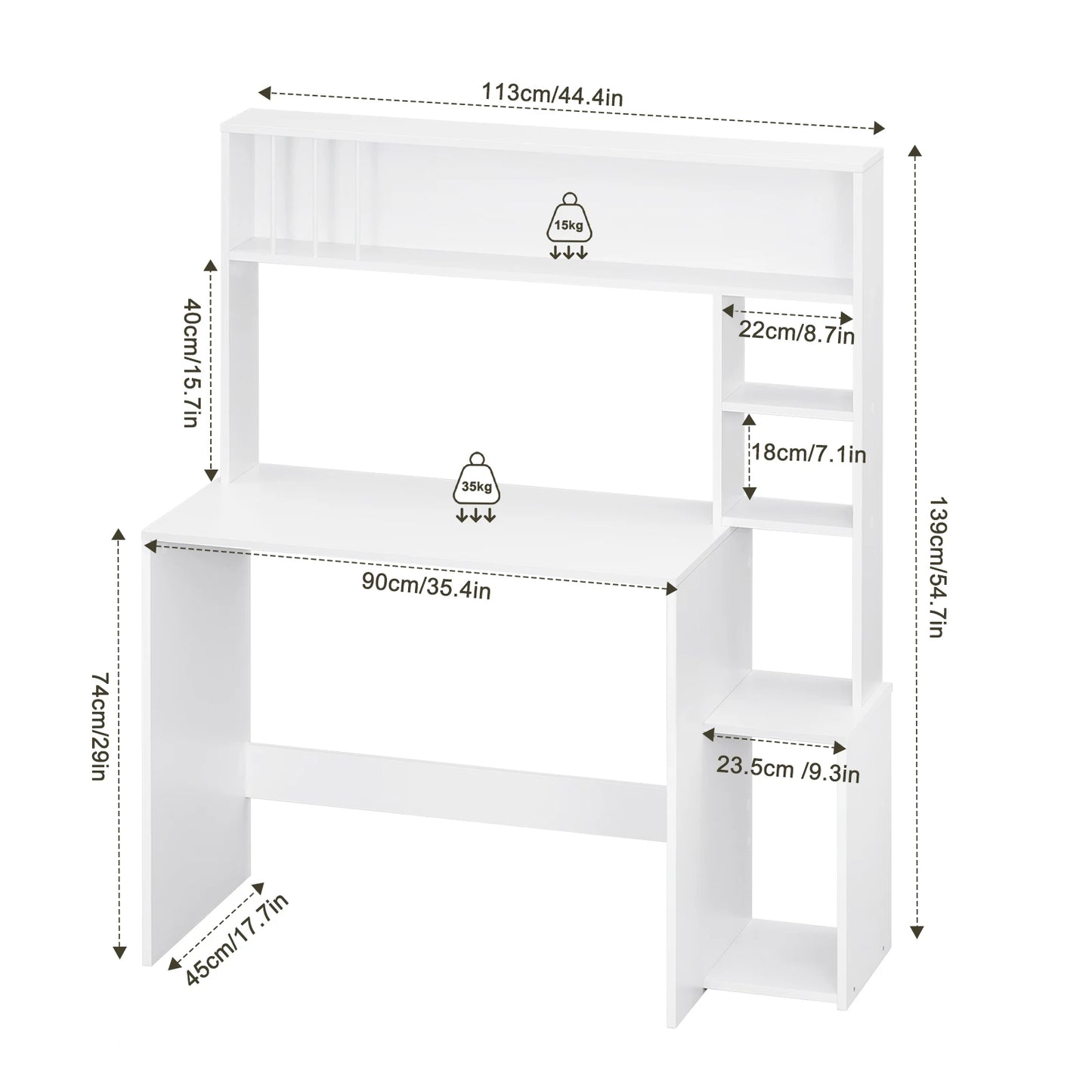 Computer desk with storage space 113.5 x 45 x 139 cm Desk with 5 shelves Scandinavian workstation for office and living room