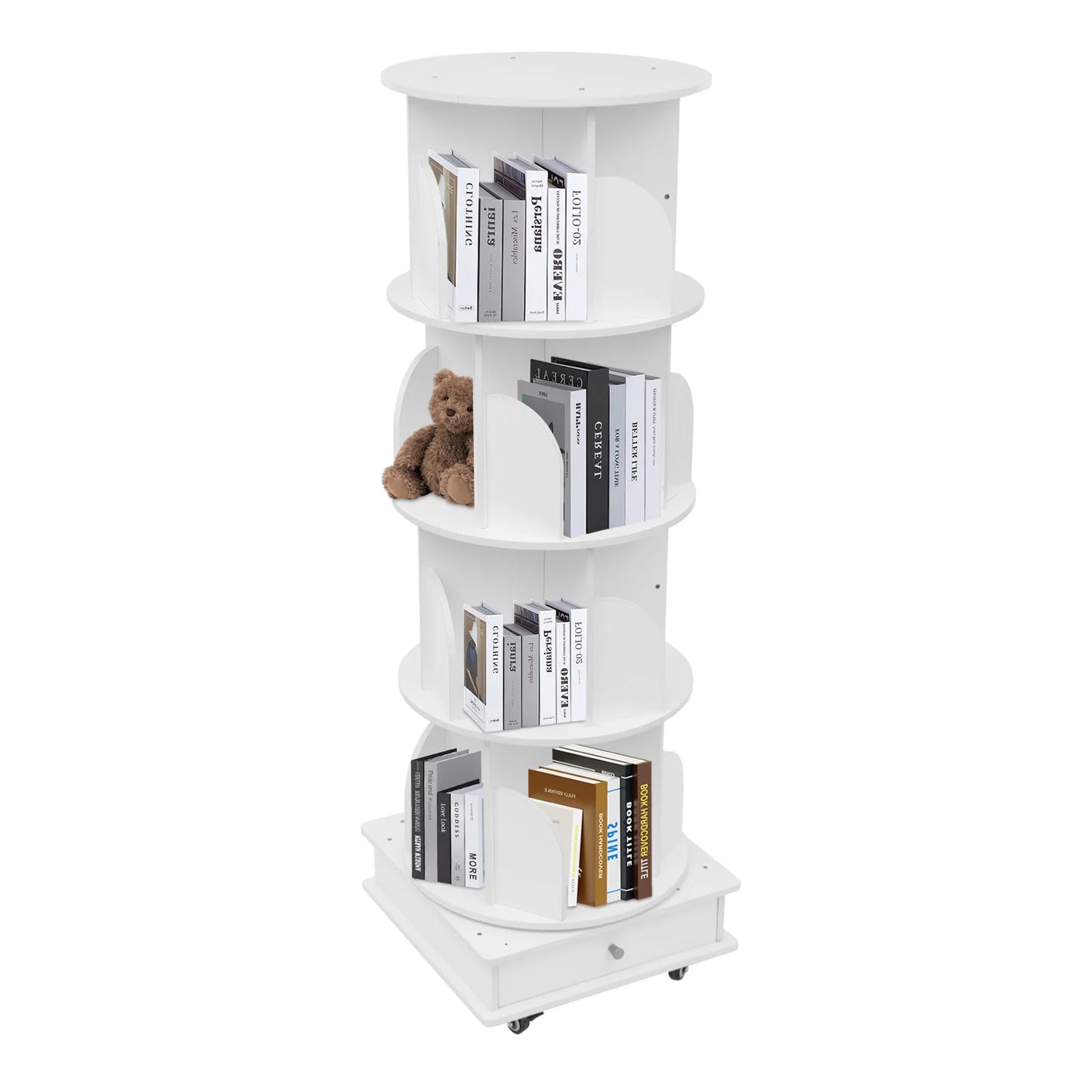 Rotating solid wood bookcase with drawer – 4 levels, 360° rotatable, on castors