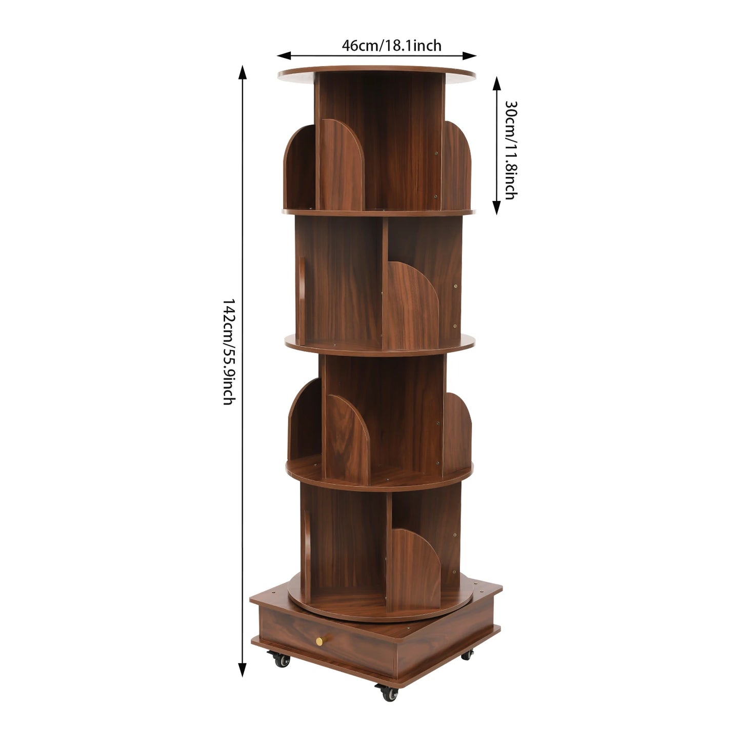 Rotating solid wood bookcase with drawer – 4 levels, 360° rotatable, on castors