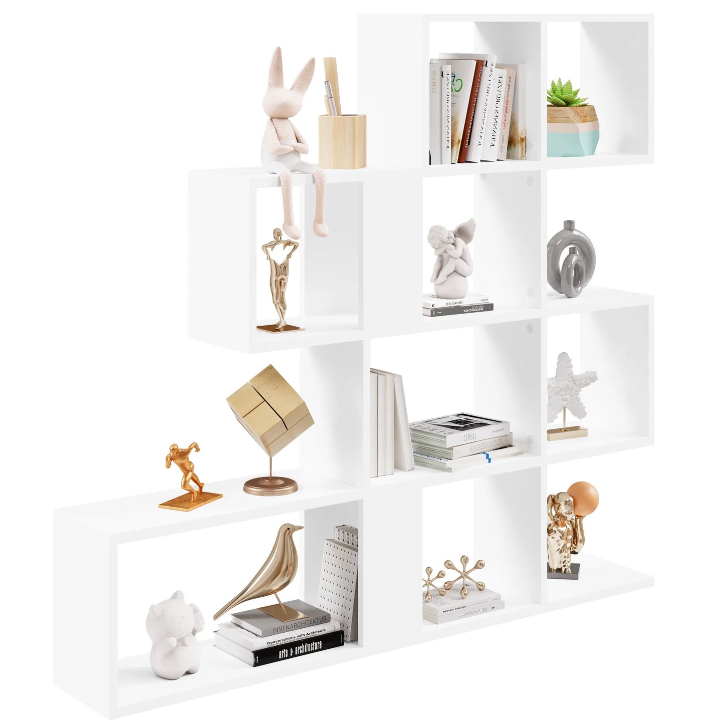 Bücherregal Treppenregal 4 Ebenen 115x109,5x19,5 cm Raumteiler Regal Weiß/Helle Eiche für Wohnzimmer Büro Schlafzimmer