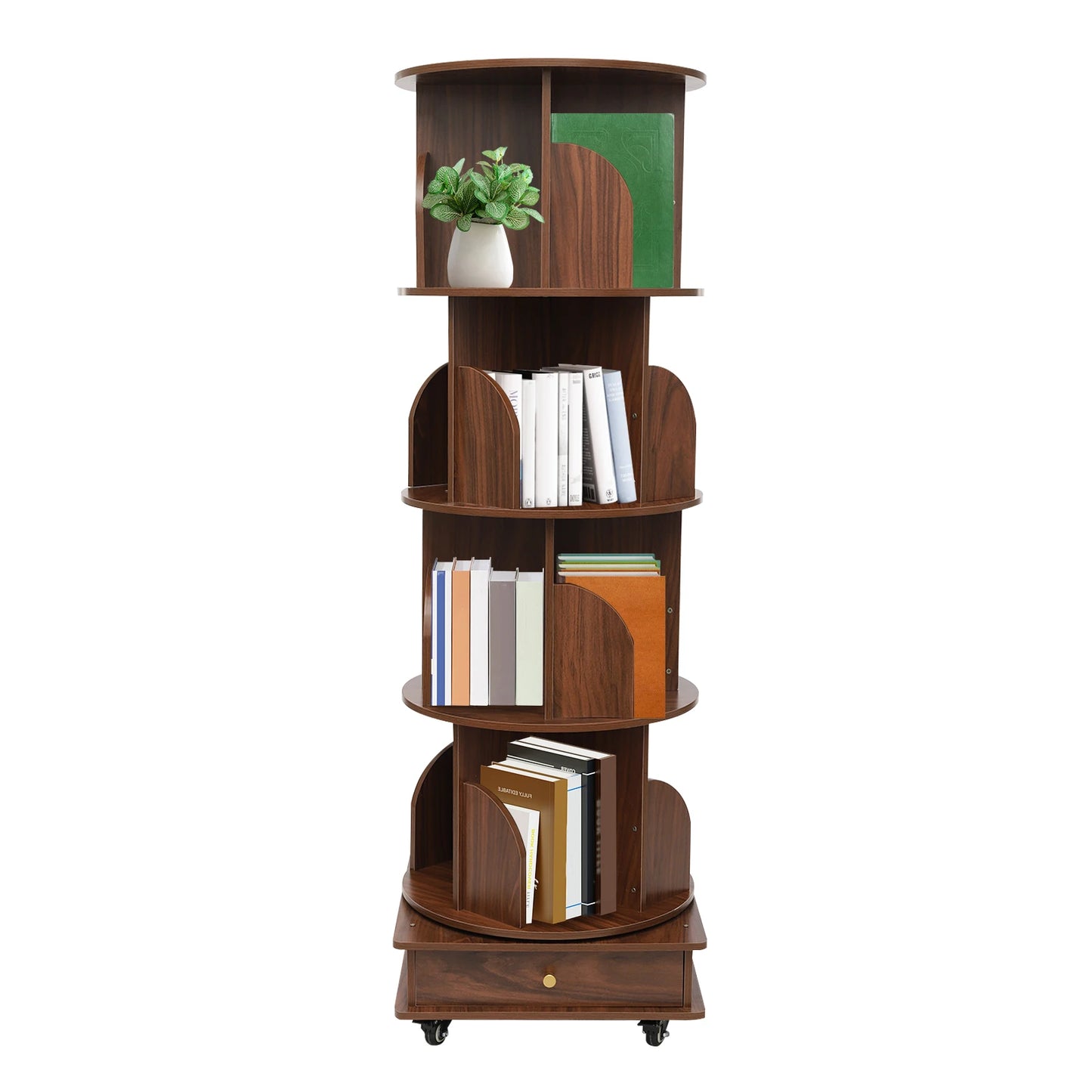 Rotating solid wood bookcase with drawer – 4 levels, 360° rotatable, on castors