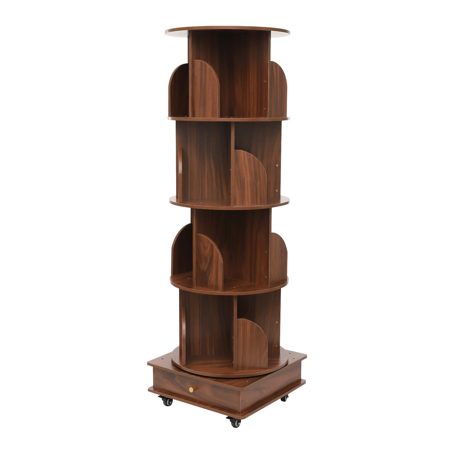 Rotating solid wood bookcase with drawer – 4 levels, 360° rotatable, on castors