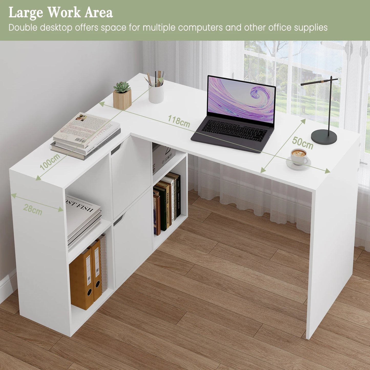 Weißer L-förmiger Computertisch mit Regalen 118 x 100 x 75 cm Eckschreibtisch mit Bücherregal für Büro und Home Office