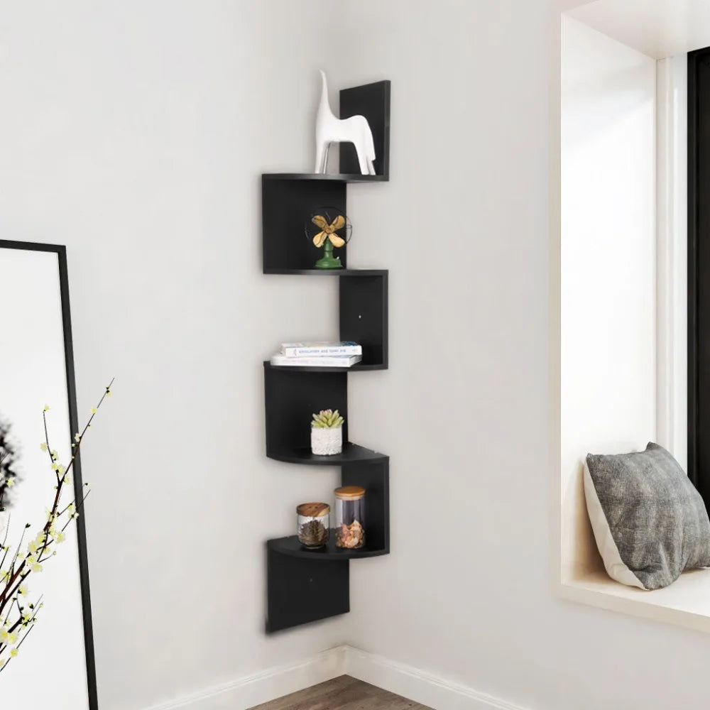 Étagère murale WOLTU Zigzag à 5 niveaux – Blanc/Noir, hauteur 156 cm, étagère d'angle moderne