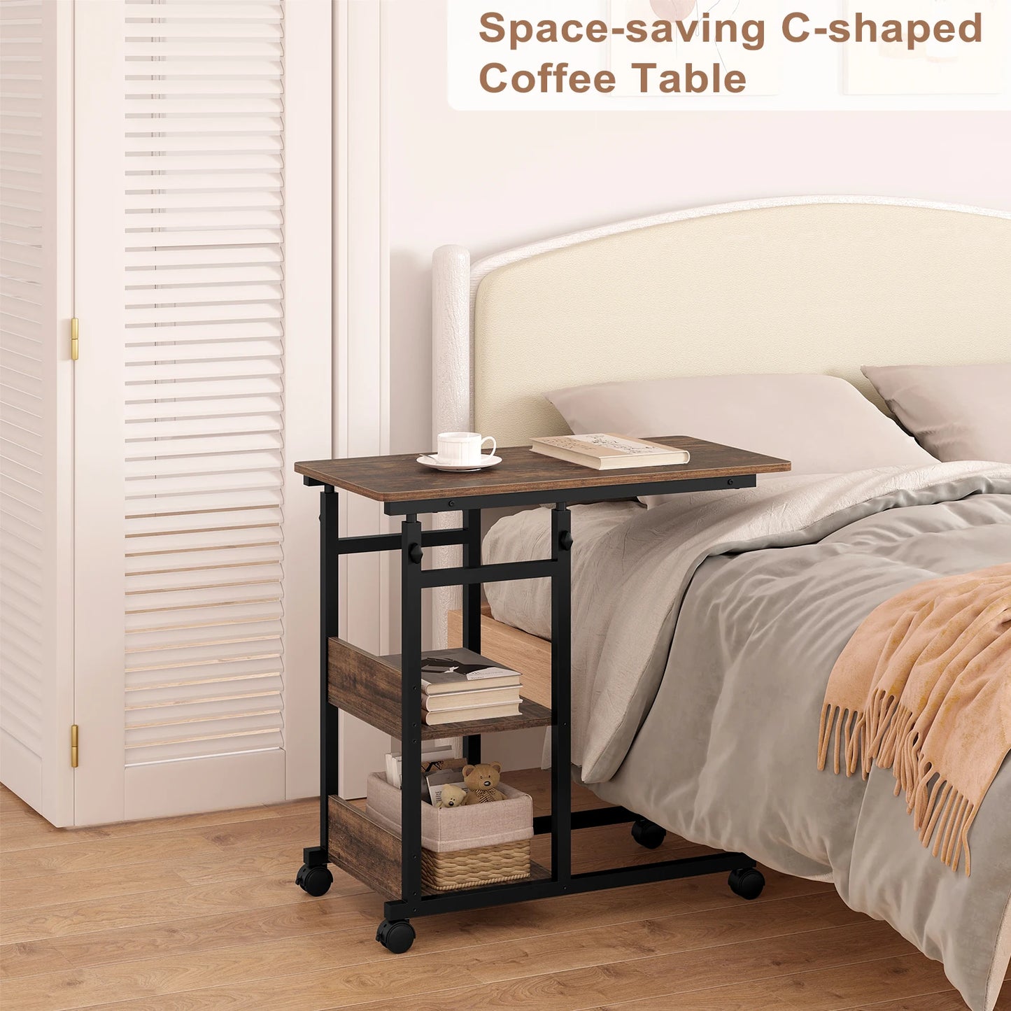 Table d'appoint en forme de C, réglable en hauteur avec roulettes, aspect bois, 80x40 cm