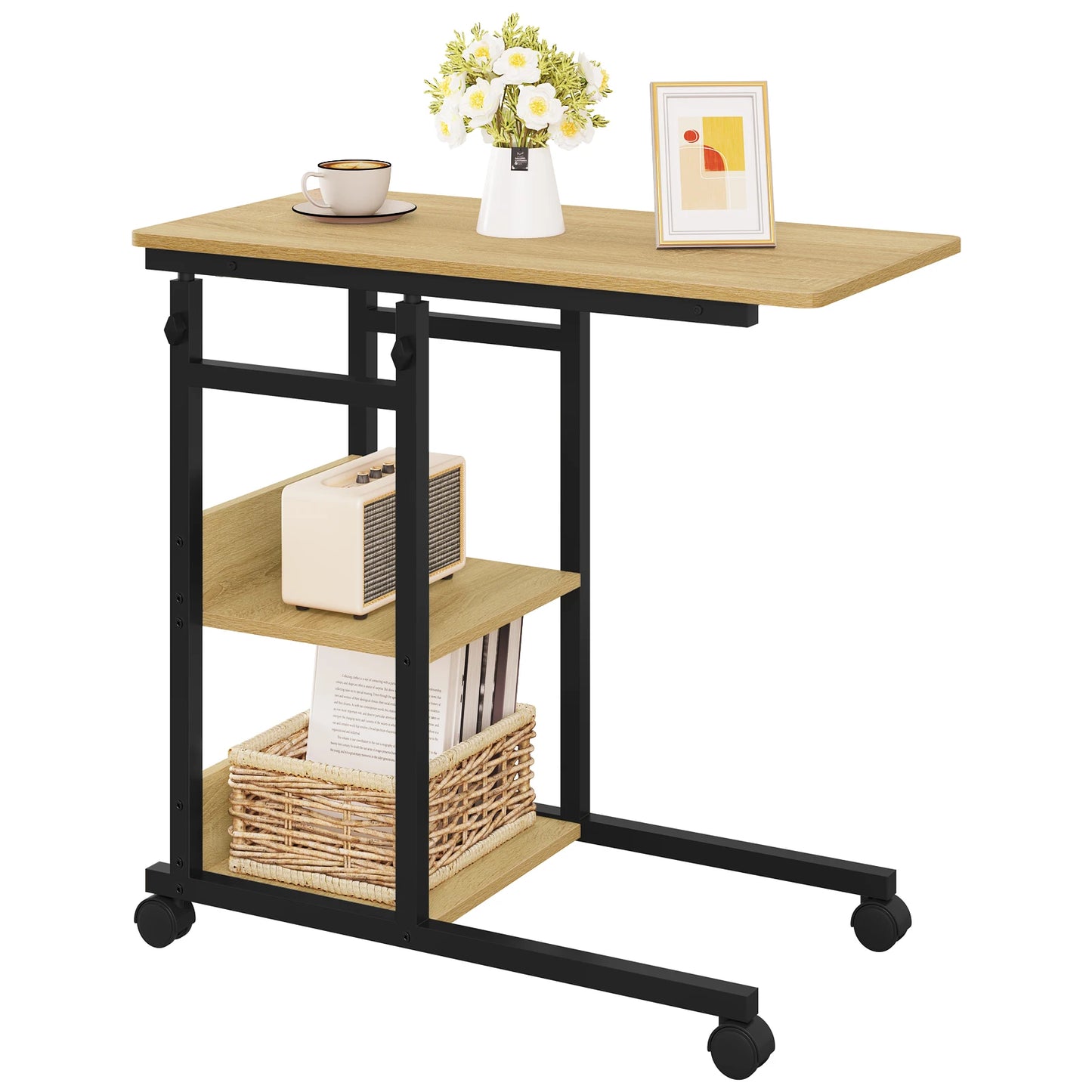 Table d'appoint en forme de C, réglable en hauteur avec roulettes, aspect bois, 80x40 cm