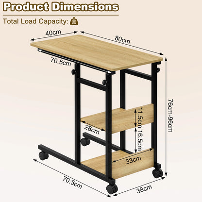 Table d'appoint en forme de C, réglable en hauteur avec roulettes, aspect bois, 80x40 cm