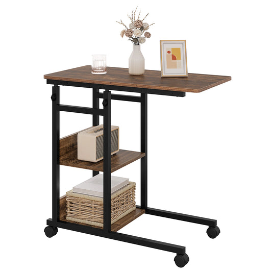 C-förmiger Beistelltisch höhenverstellbar mit Rollen, Holzoptik, 80x40 cm