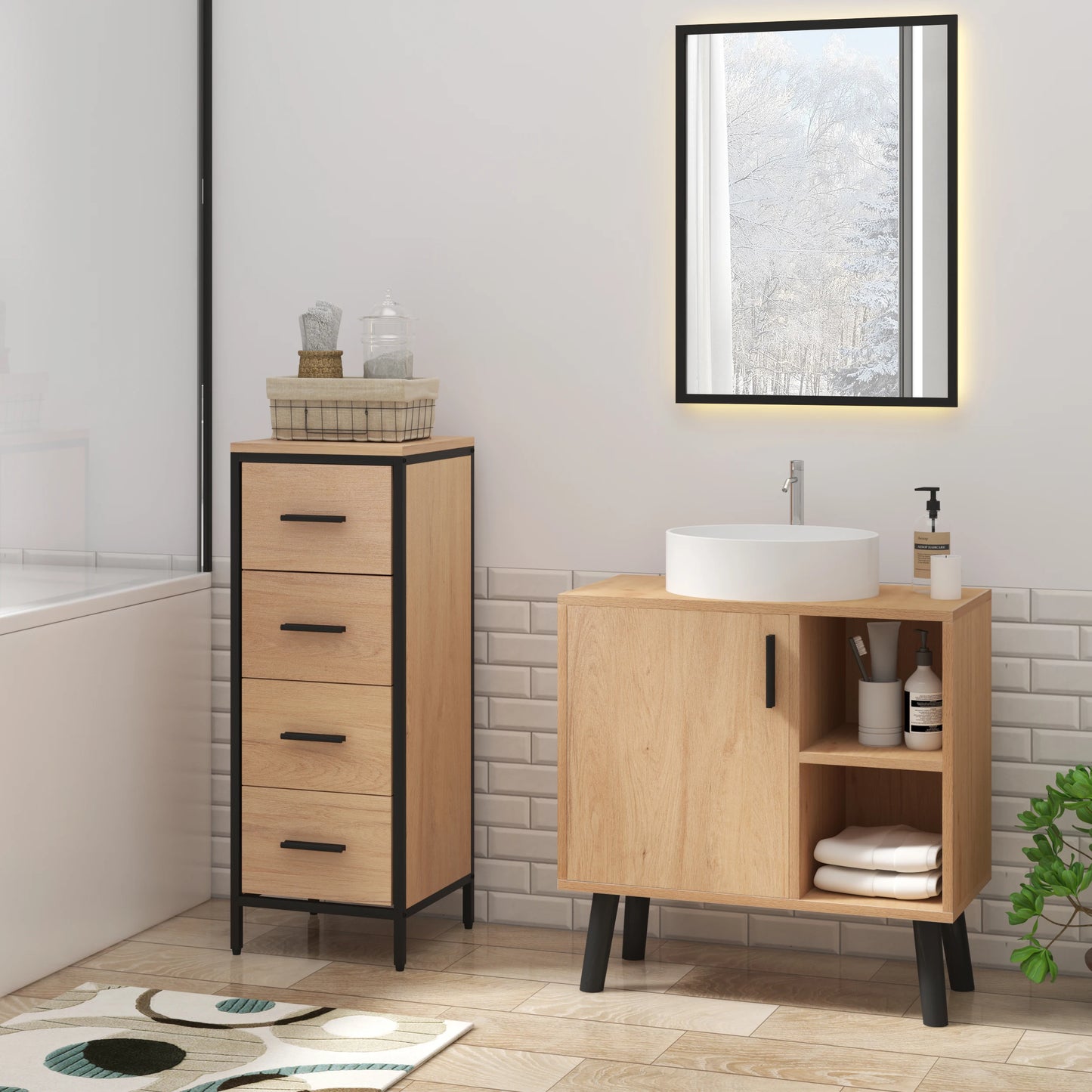 Meuble de salle de bain avec porte et étagères, chêne/noir 60,5 × 60 × 30 cm