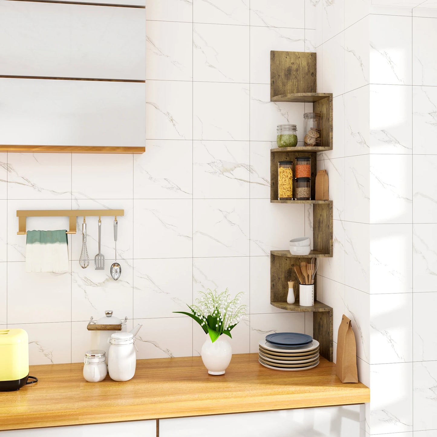 Étagère murale WOLTU Zigzag à 5 niveaux – Blanc/Noir, hauteur 156 cm, étagère d'angle moderne