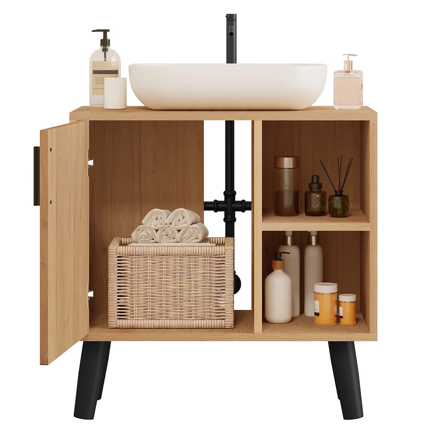 Meuble de salle de bain avec porte et étagères, chêne/noir 60,5 × 60 × 30 cm