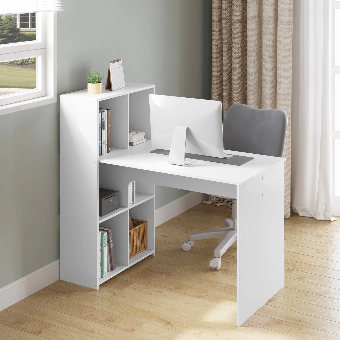 Weißer Computertisch mit Regal 120 x 111 x 63 cm Eckschreibtisch links oder rechts montierbar PC Tisch für Büro Wohnzimmer Arbeitszimmer
