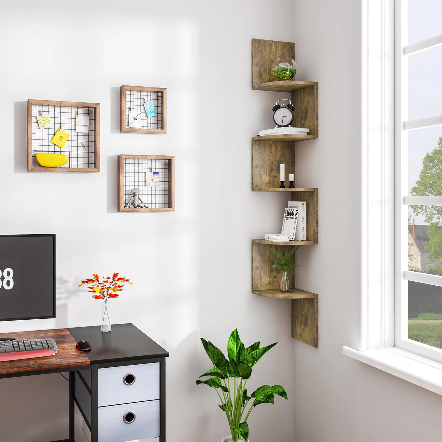 Étagère murale WOLTU Zigzag à 5 niveaux – Blanc/Noir, hauteur 156 cm, étagère d'angle moderne