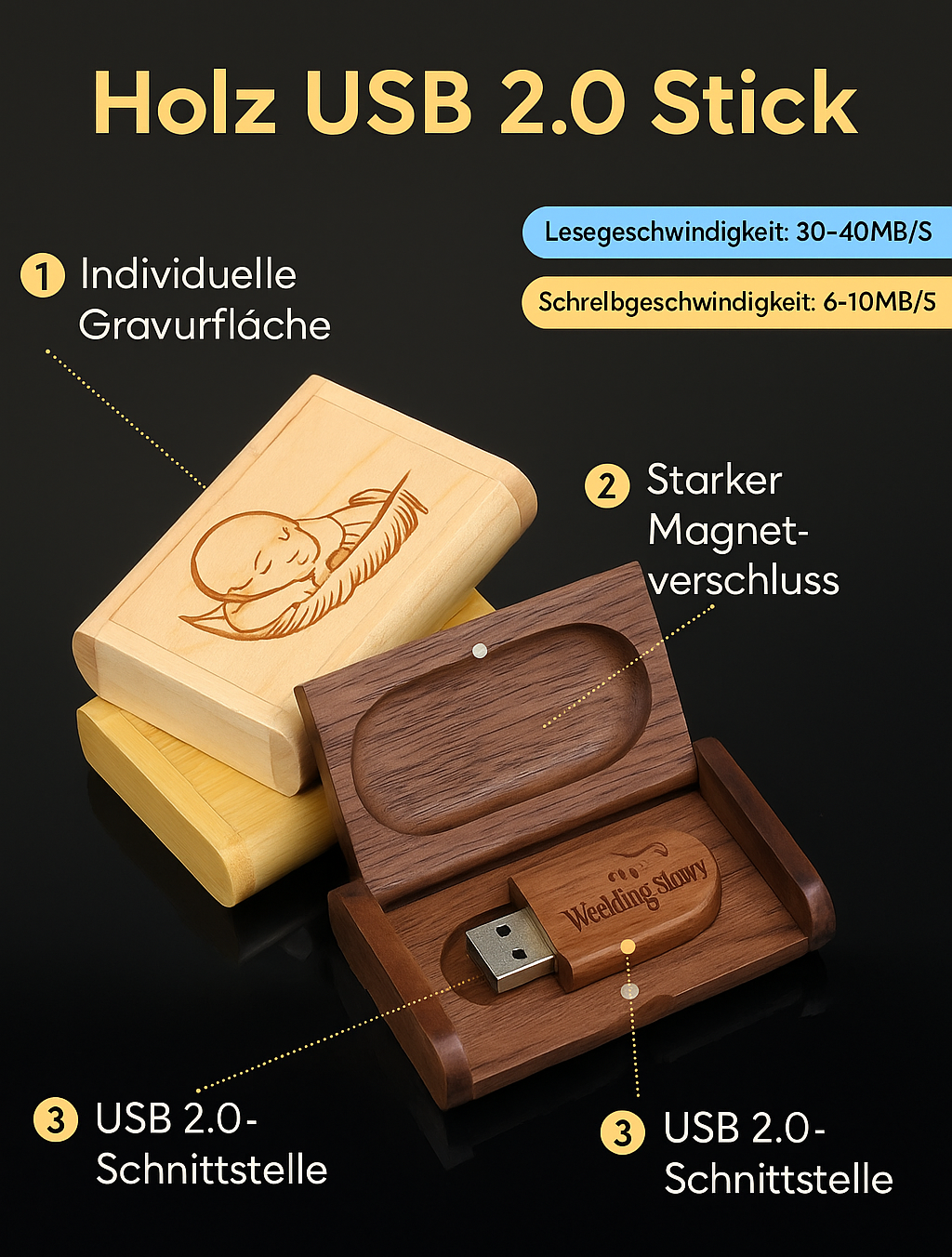 USB-Stick Holz 4–128GB – Gravur möglich, Geschenk, Bambus, Walnuss, Ahorn