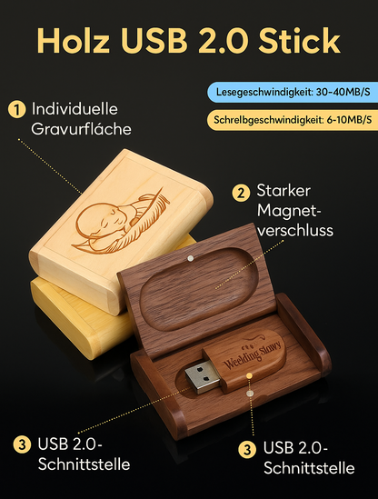 USB-Stick Holz 4–128GB – Gravur möglich, Geschenk, Bambus, Walnuss, Ahorn