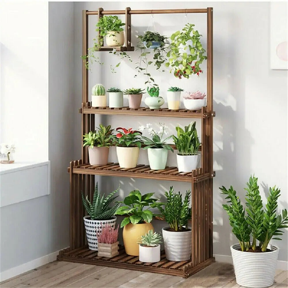 3-tier hanging plant stand made of pinewood, indoor &amp; outdoor, balcony shelf