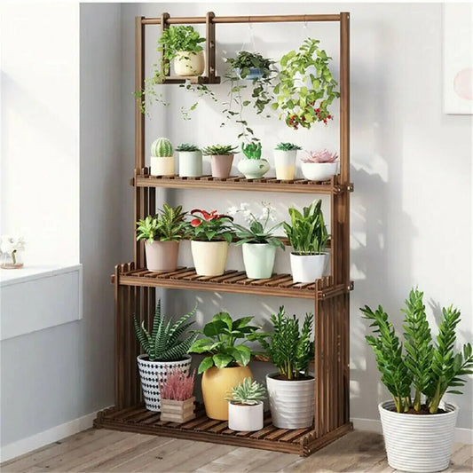 3-stufiger hängender Pflanzenständer aus Kiefernholz, Indoor & Outdoor, Balkonregal