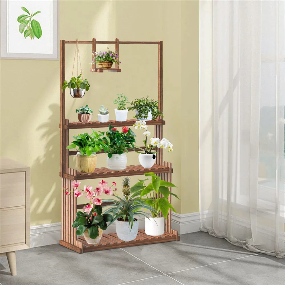 3-tier hanging plant stand made of pinewood, indoor &amp; outdoor, balcony shelf
