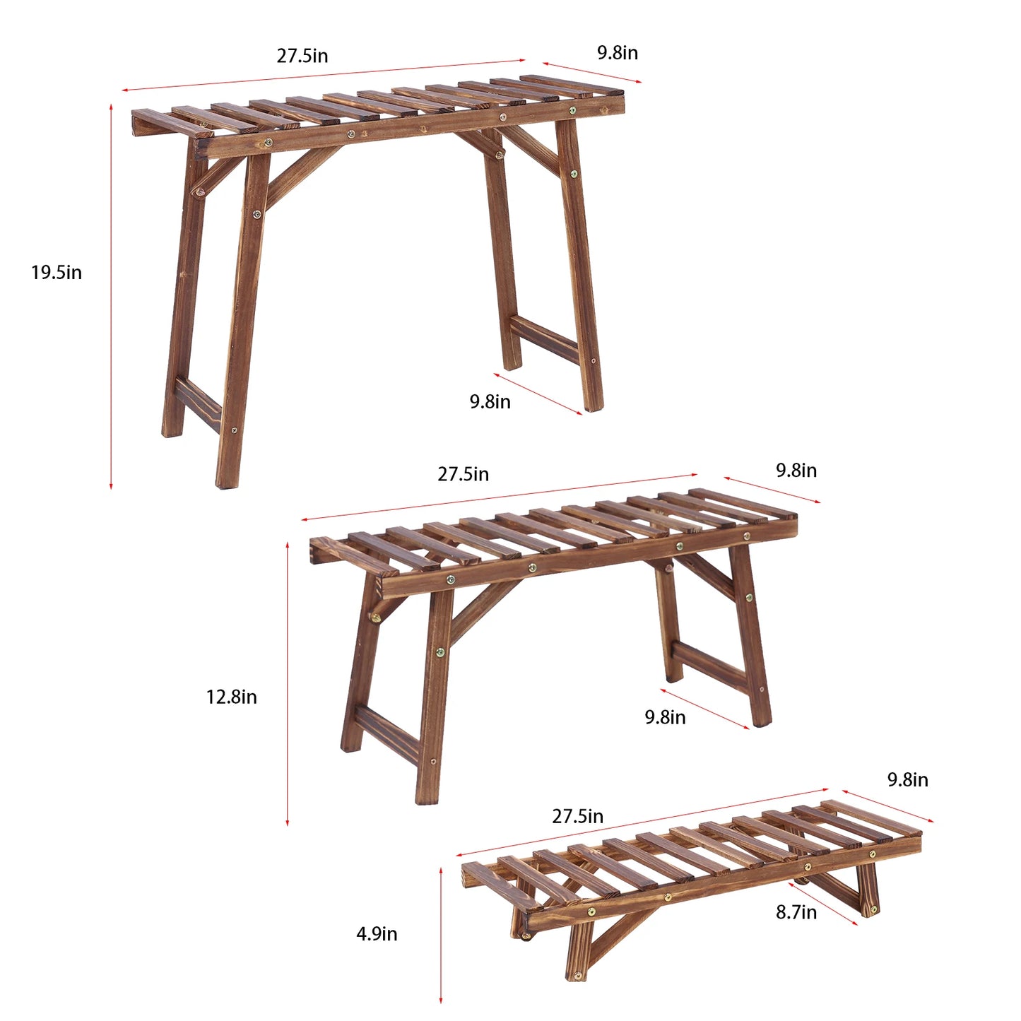 Set of 3 wooden plant stands, 3-tier, ladder shelf for indoor &amp; outdoor use, pinewood