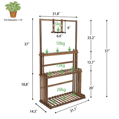 3-tier hanging plant stand made of pinewood, indoor &amp; outdoor, balcony shelf
