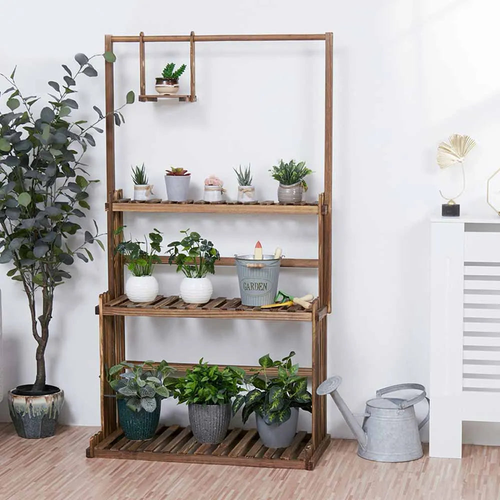 3-tier hanging plant stand made of pinewood, indoor &amp; outdoor, balcony shelf