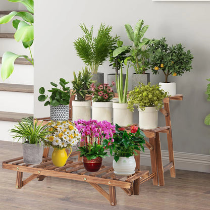 Set of 3 wooden plant stands, 3-tier, ladder shelf for indoor &amp; outdoor use, pinewood