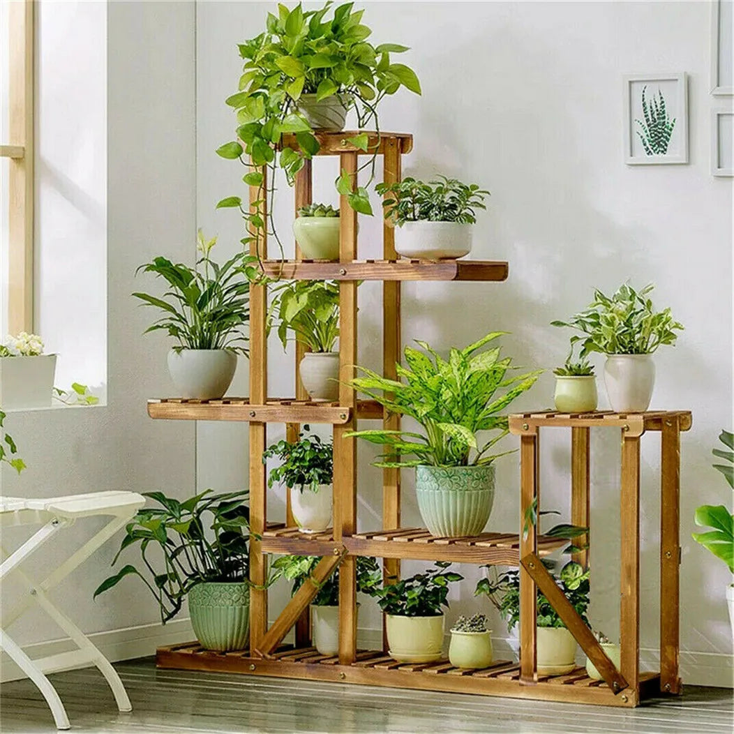 6-tier wooden plant stand, flower shelf for garden, patio &amp; balcony, pine