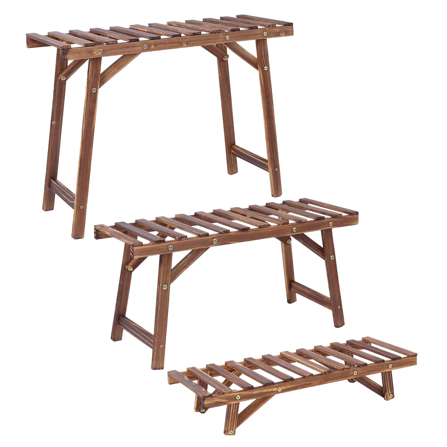 Set of 3 wooden plant stands, 3-tier, ladder shelf for indoor &amp; outdoor use, pinewood