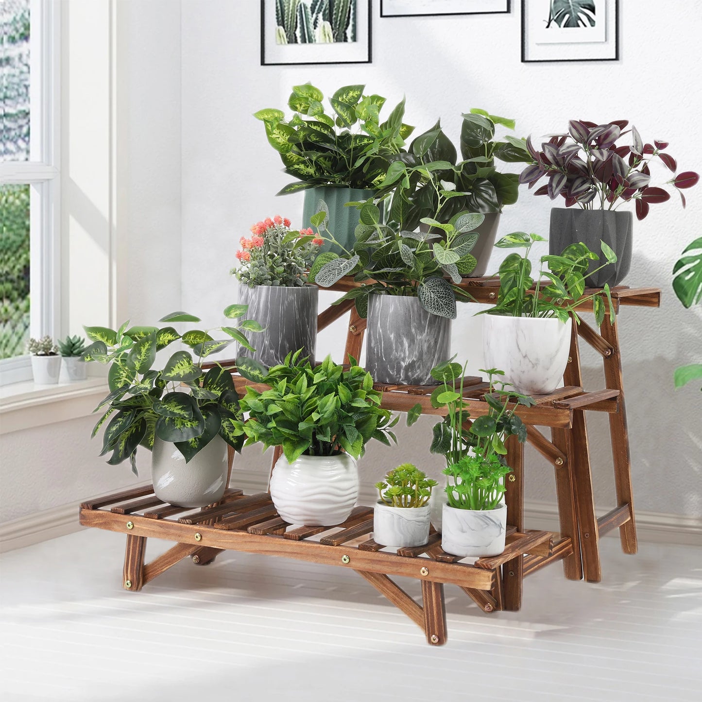 Set of 3 wooden plant stands, 3-tier, ladder shelf for indoor &amp; outdoor use, pinewood