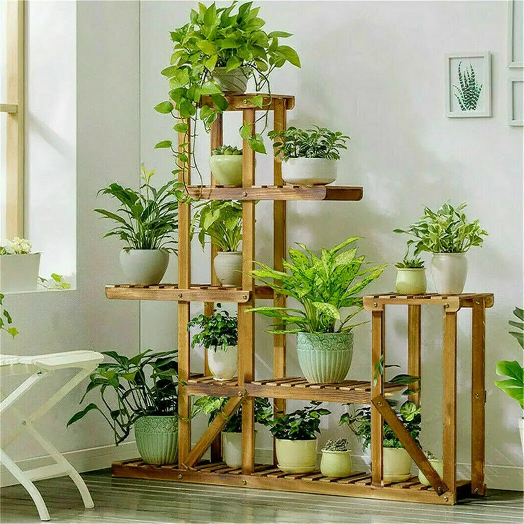 6-tier wooden plant stand, flower shelf for garden, patio &amp; balcony, pine