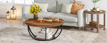 Tribesigns round coffee table Ø 80 cm – 2-tiered industrial-style sofa table with wood look and metal frame