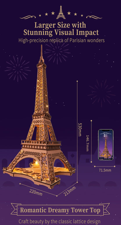 Robotime „Night of the Eiffel Tower“ – 3D Holzpuzzle mit Licht | Eiffelturm Modellbausatz 1:638 für Erwachsene & Kinder