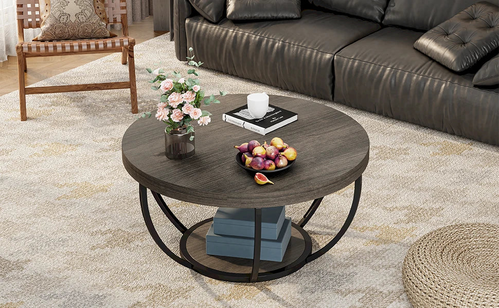Tribesigns round coffee table Ø 80 cm – 2-tiered industrial-style sofa table with wood look and metal frame