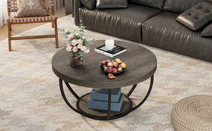 Tribesigns round coffee table Ø 80 cm – 2-tiered industrial-style sofa table with wood look and metal frame