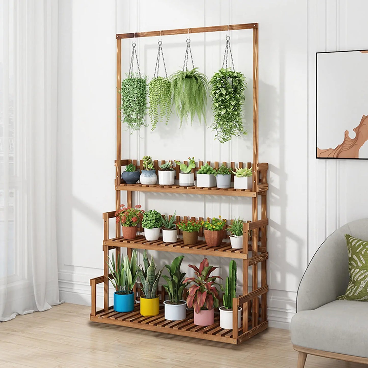 3-tier hanging plant stand made of pinewood, indoor &amp; outdoor, balcony shelf
