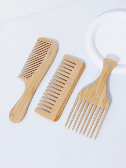 3-piece natural wooden comb set – anti-static fork comb &amp; styling combs for human hair &amp; wigs