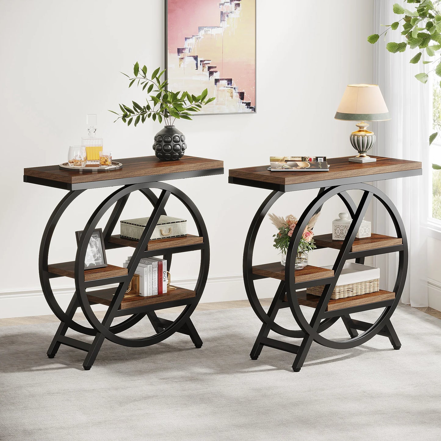 Tribesigns Side Table with 3 Storage Compartments – Narrow Industrial Style Sofa Table, Wood &amp; Metal, 60 cm High