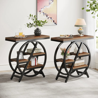 Tribesigns Side Table with 3 Storage Compartments – Narrow Industrial Style Sofa Table, Wood &amp; Metal, 60 cm High