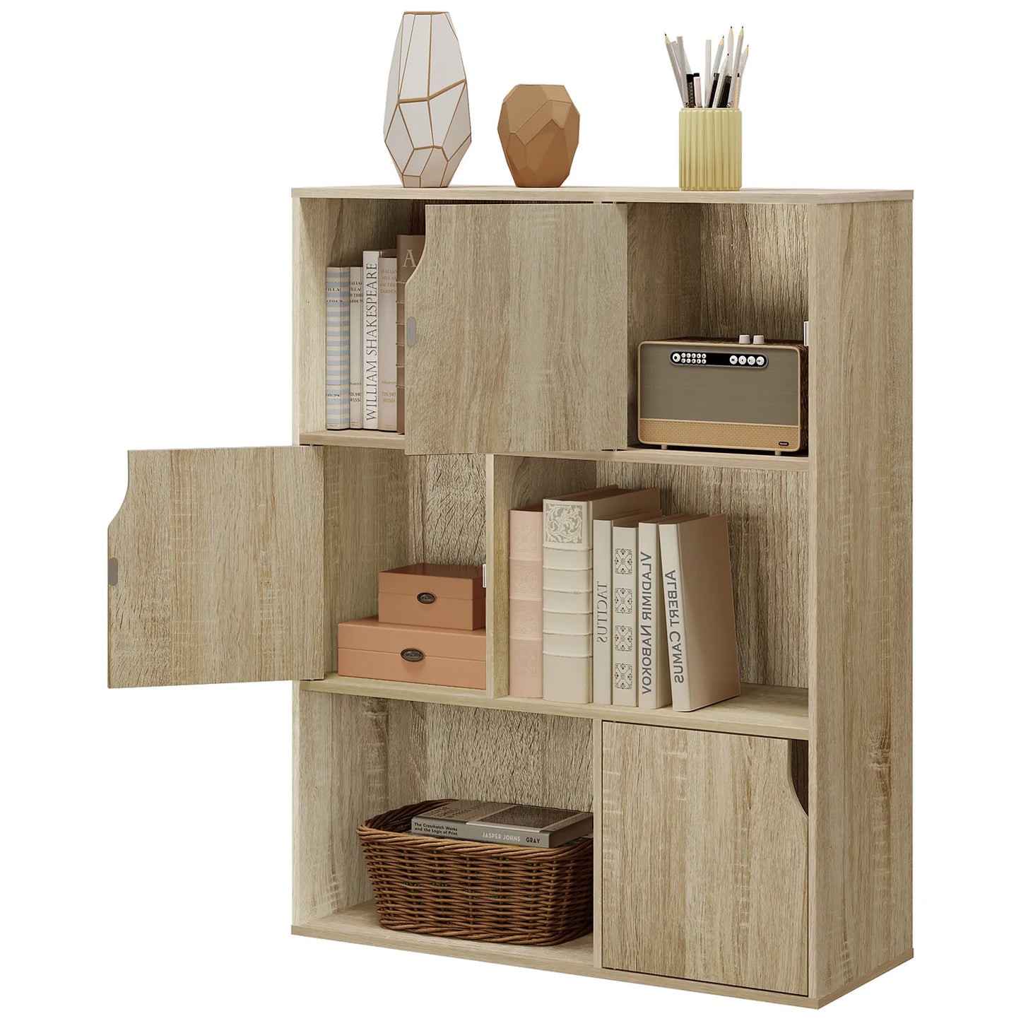 Bücherregal Weiß Eiche 80 x 96 x 30 cm Regal mit 6 Würfeln Skandinavisches Aufbewahrungsregal für Wohnzimmer Büro Arbeitszimmer