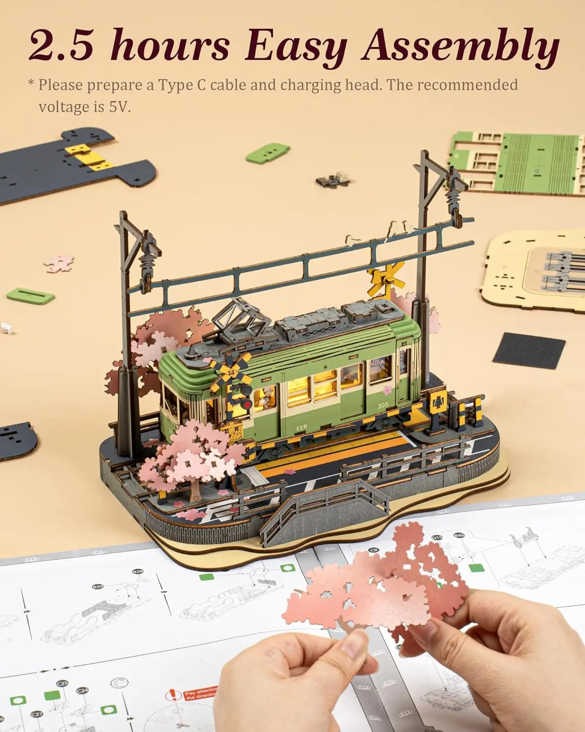Robotime 3D Holzpuzzle Sakura Journey – Straßenbahn mit LED | DIY Modellbausatz für Kinder & Erwachsene