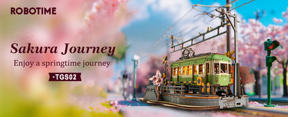 Robotime 3D Holzpuzzle Sakura Journey – Straßenbahn mit LED | DIY Modellbausatz für Kinder & Erwachsene