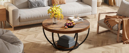 Tribesigns round coffee table Ø 80 cm – 2-tiered industrial-style sofa table with wood look and metal frame