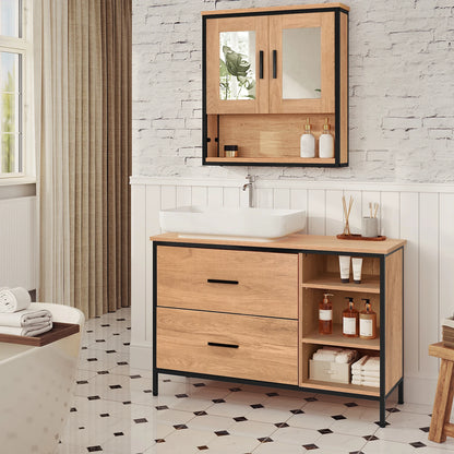 Waschtischunterschrank 90×60 cm mit 2 Schubladen & 3 Fächern – Eiche/Schwarz