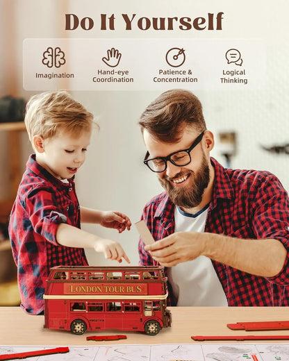 Robotime Rolife London Bus Holzpuzzle – 3D Modellbausatz aus Holz zum Basteln & Sammeln